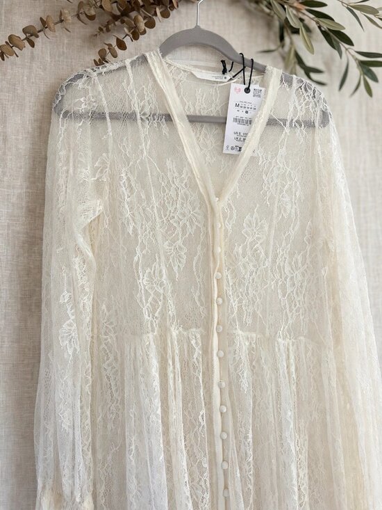 Zara Dresses & Skirts - Zara White Lace Long Sleeve Button Front Maxi Dress